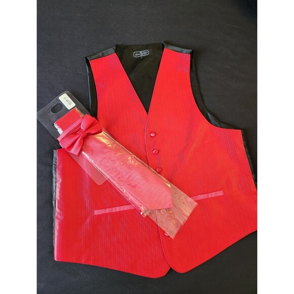 Bruno‎ Piattelli Red Rib Tuxedo Formal 4 Pc Vest Tie Bow Hanky Large prom - Picture 2 of 14